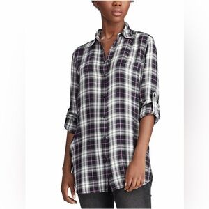 New Lauren Ralph Lauren Purple Plaid Tunic Button Down Top Roll Tab western